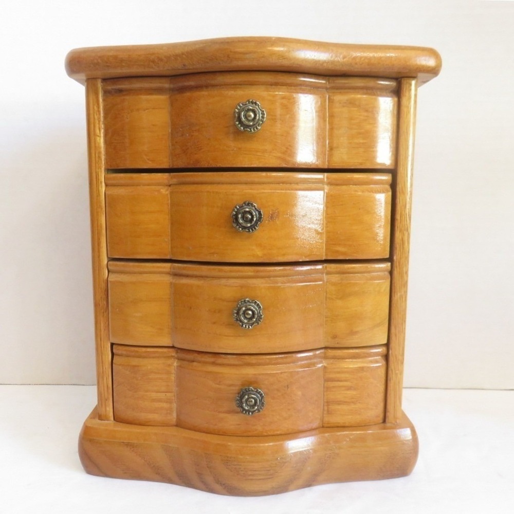 Vintage Mele Musical Oak Wood Jewelry Box 3 Drawers & Mirror Plays Memory